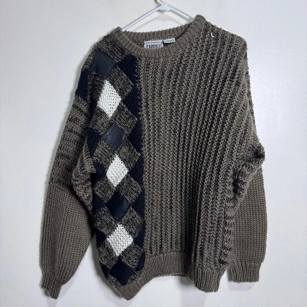 Gabrielle Sweater Mens M Brown Black Argyle Leather Patchwork‎ Vintage Knit